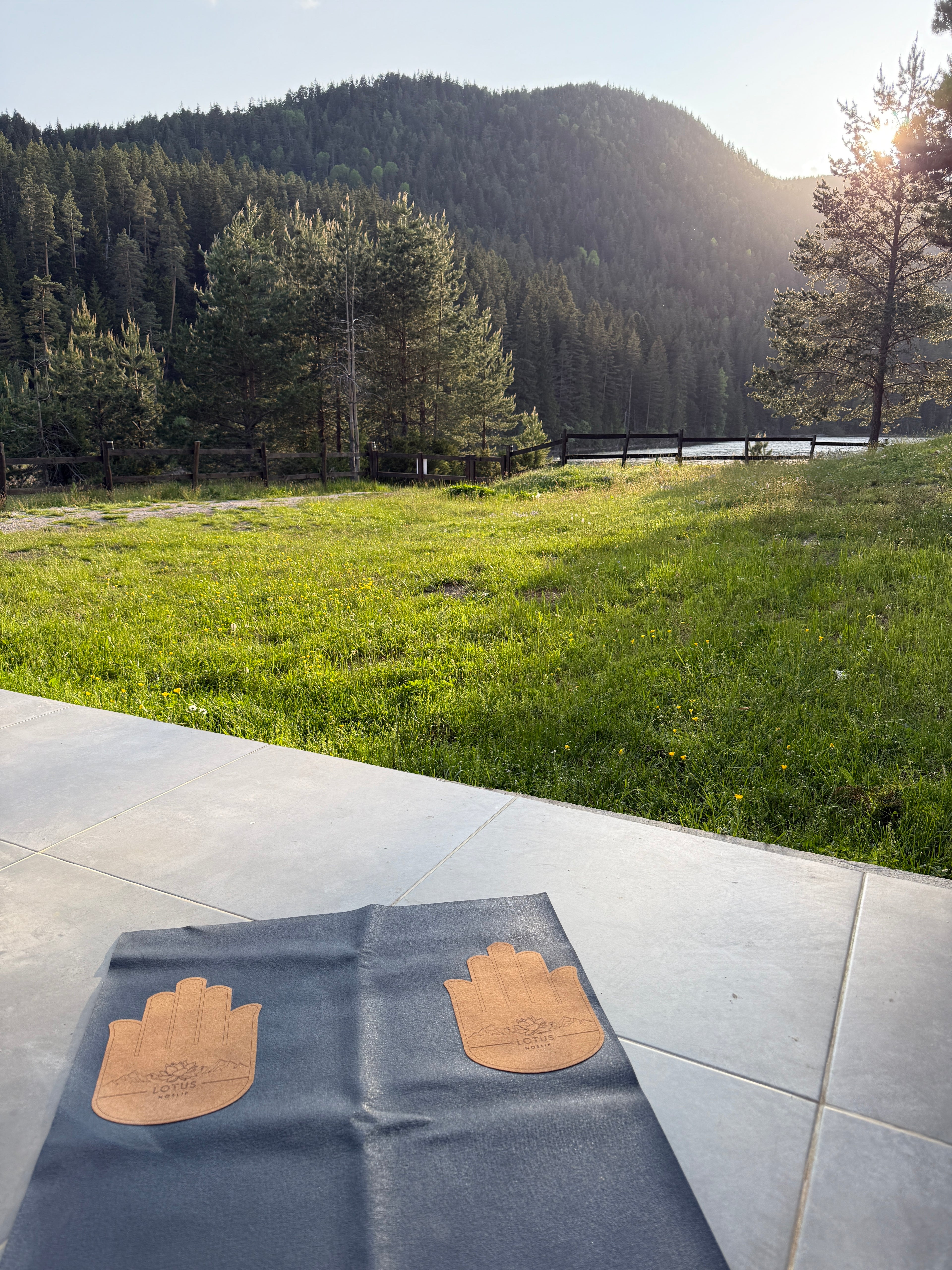 blue travel yoga mat accessoried with cork helping hands upon mountain backdrop