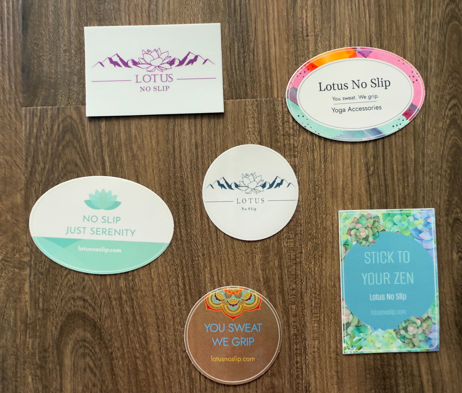 Collection of Lotus NoSlip yoga stickers in various shapes with inspirational messages – glossy, water-resistant decals for mats, gear, bottles, and laptops.